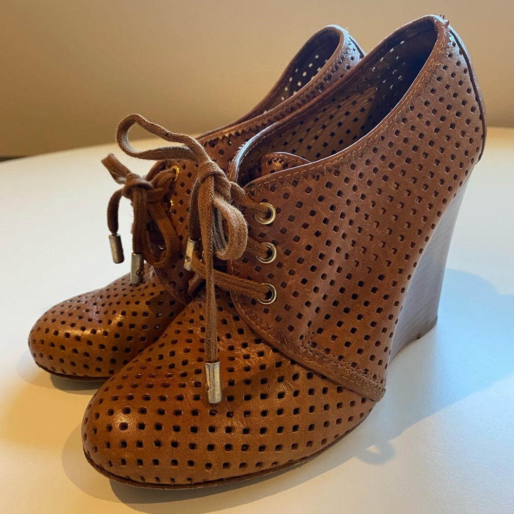 Tory Burch Brown Leather Ankle Wedge Lace Up Booties